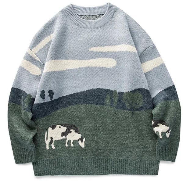 

men's sweaters 2021 men cow vintage winter sweater pullover o-neck korean knitted women casual harajuku couple knit streetwear oversize, White;black