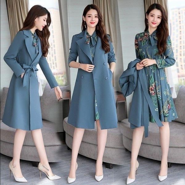 

2021 new spring autumn set ladies slim trench solid coat women printed ol windbreakers plus two pieces 4xl gzvm, Black;gray