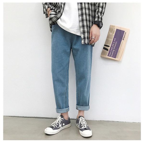

men's jeans summer korean 2021 hong kong style solid straight tube harlen pants relaxed couple casual, Blue
