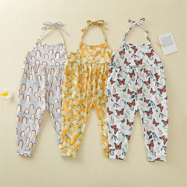 

kids rompers girls rainbow butterfly flower floral print romper child halter jumpsuits summer fashion boutique baby clothing 2724 y2, Blue