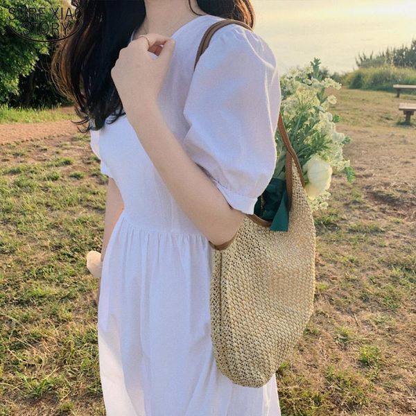 

party dresses 2021 summer cotton puff sleeve maxi dress korean vintage black white elegant o neck women vestidos 14148, White;black