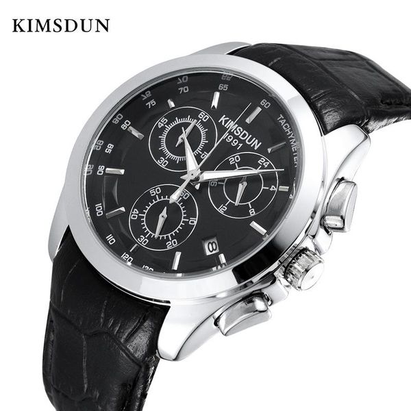 

wristwatches kimsdun mens quartz watch military casual multifunction business leather strap male clock relojes para hombre, Slivery;brown
