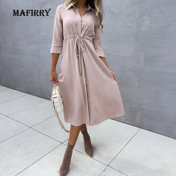 

casual dresses autumn solid women elastic waist slim dress turn down collar draw string female three quarter sleeve button, Black;gray