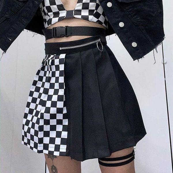 

skirts gothic women's color block checkerboard mini skirt summer high waist slim plaid stitching pleated bodycon zipper patchwork, Black