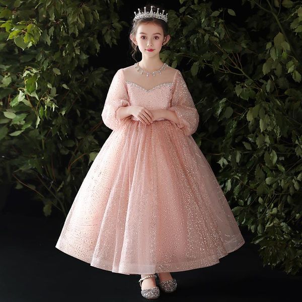 

girl's dresses flower girl luxury three quarter lace illusion crystal beading princess floor-length tulle o-neck kids party gown h210, Red;yellow