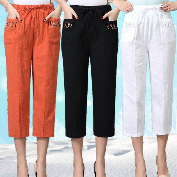 

women's pants & capris woman spring cotton linen female summer thin 3/4 trousers women elastic waist plus size 4xl gd791, Black;white