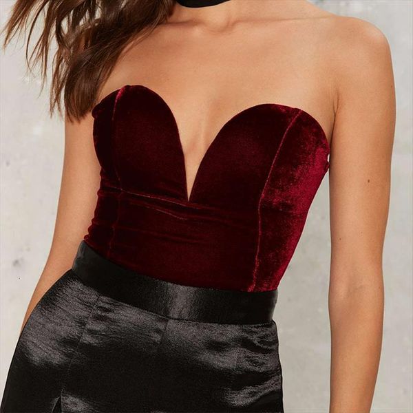 

black red velvet bodysuit women rompers deep v strapless female club party backless cross, Black;white