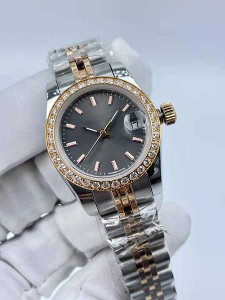 Relógio mecânico automático feminino superfície de data à prova d' água 26 mm moldura de diamante fivela de aço inoxidável relógio feminino