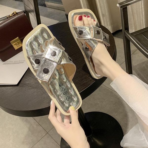 

slippers llogai women rivet flat cross retro square head casual ladies lazy sandals summer women's shoes zapatillas mujer, Black