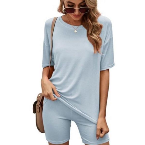 

women's t-shirt women 2pcs ribbed outfit set short sleeve o-neck and biker shorts 28gb, White