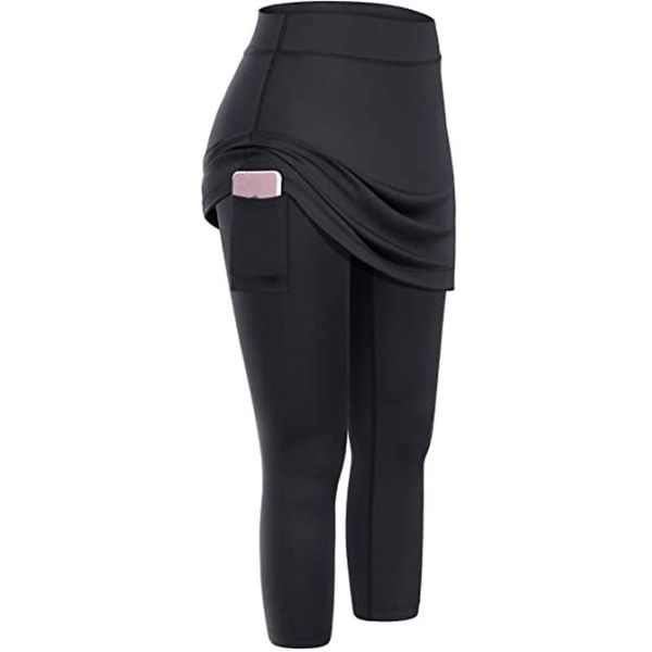 

women's leggings women fitness with pockets tennis skirted legging pantalones pocket elastic sports workout capris skirts leggins mujer, Black