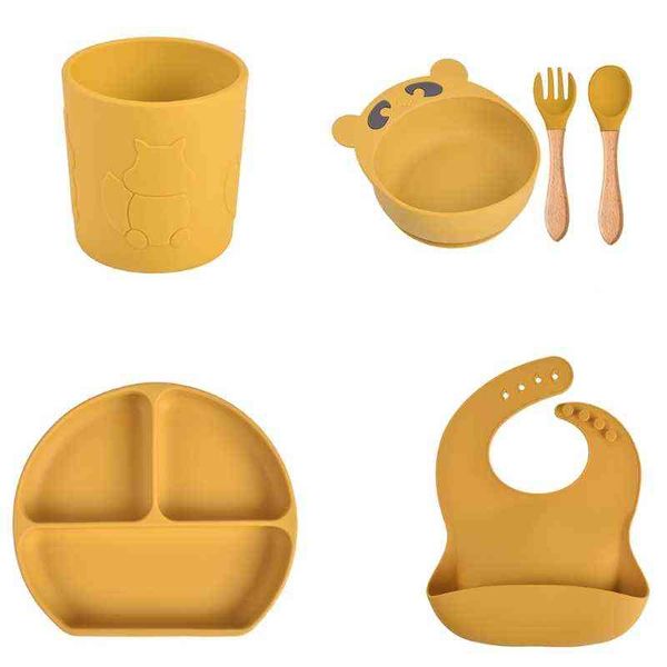 

6 pcs baby silicone bib divided dinner plate sucker bowl spoon fork cup set training feeding food utensil dishes tableware kit g1210