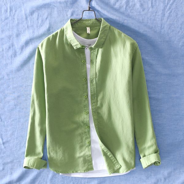 

2021 new spring and summer solid green men brand fashion cotton linen shirts male 5 colors long-sleeved shirt mens overhemd chemise jsyv, White;black