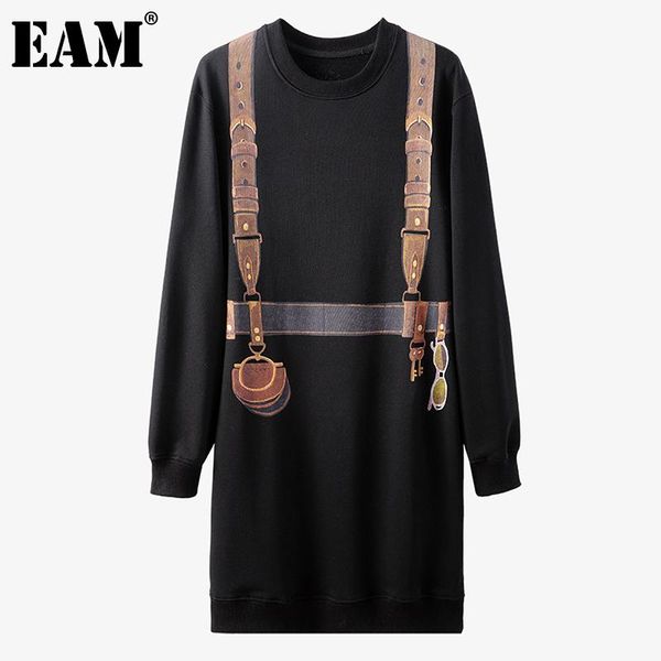 

eam] women pattern print black big size dress new round neck long sleeve loose fit fashion tide spring autumn 2021 1dd3170, Black;gray