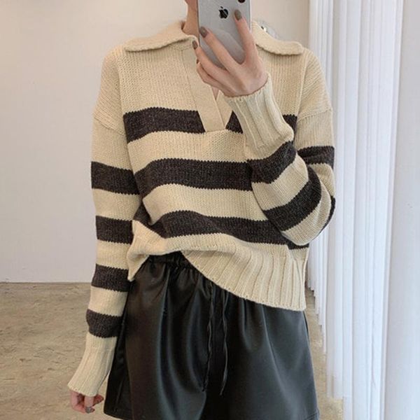 

women's sweaters [ewq] korea chic minority lapel contrast stripe loose casual long sleeve pullover knitted sweater women fashion 2021 1, White;black