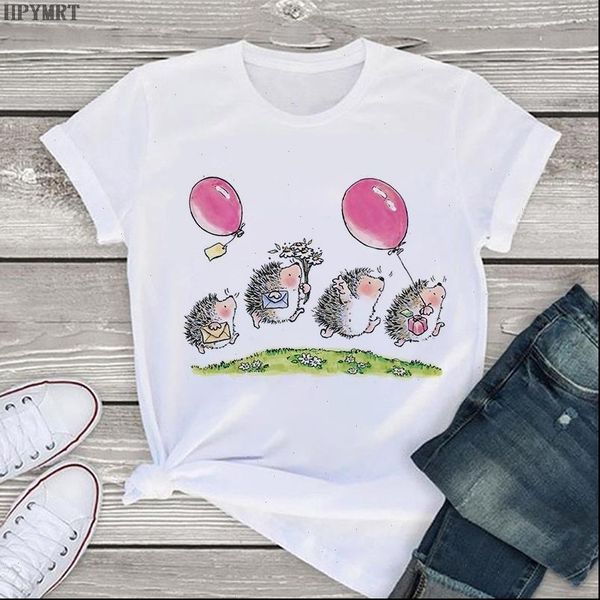 

summer hedgehog and balloon printed female t shirt harajuku womens large size t shirt fashion tee casual short sleeve tshirt, White