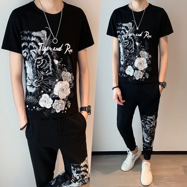 

summer short sleve tshirts men's training pants 2 piece 3d lion ensemble imprint suit streetwear social jogger together w1rx, Gray