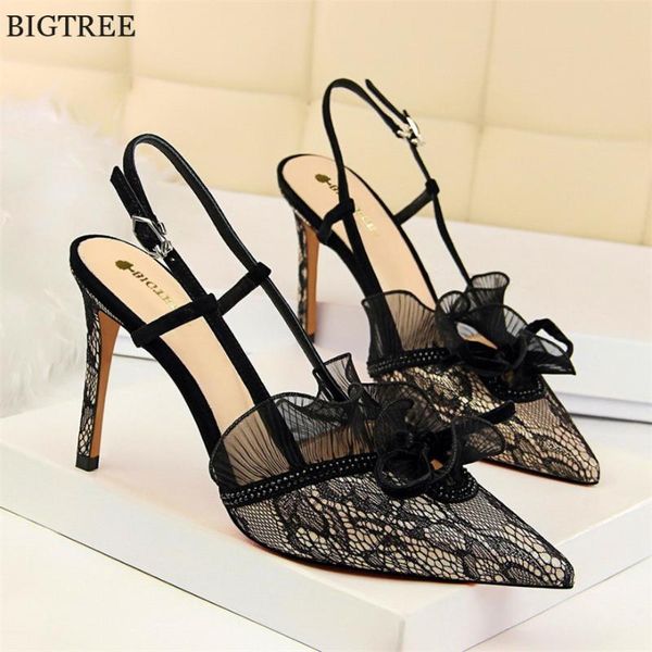 

34-43 floral lace high heels shoes women cut-outs fashion back buckle strap party sandals shallow ladies pointed toe pumps, Black