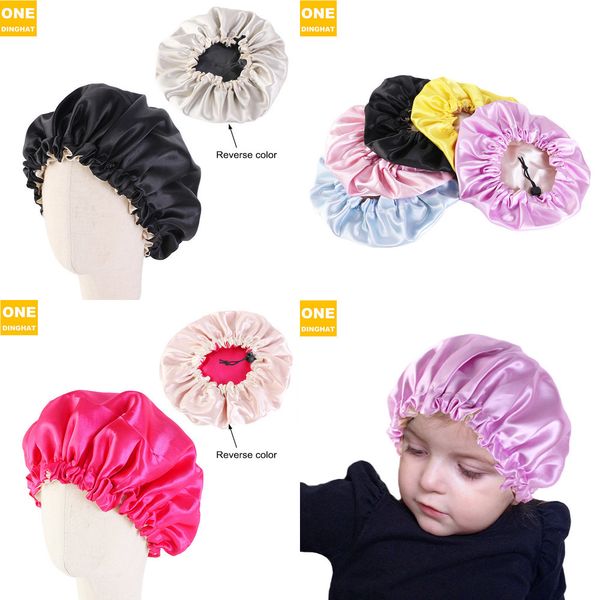 

cute children hat hats beanie nightcap adjustable buckle double layer satin candy color hair protection cap baby h24qz2t, Yellow