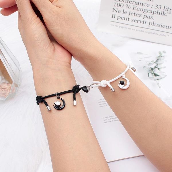 

charm bracelets qiluxy 2pcs/set lovers bracelet heart attract magnet couple braslet astronaut moon pendant rope brazalete friend gift, Golden;silver