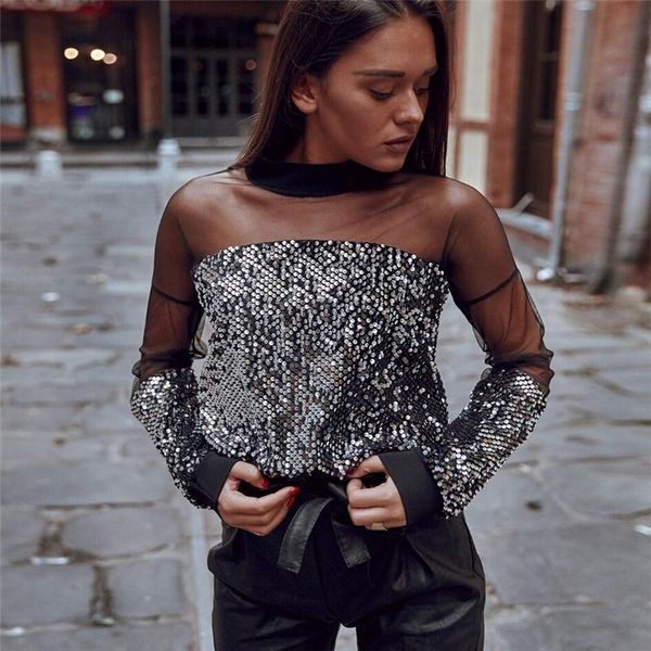 

womens long sleeve sequin mesh blouse ladies sheer spliced clubwear casual loose black shirt, White
