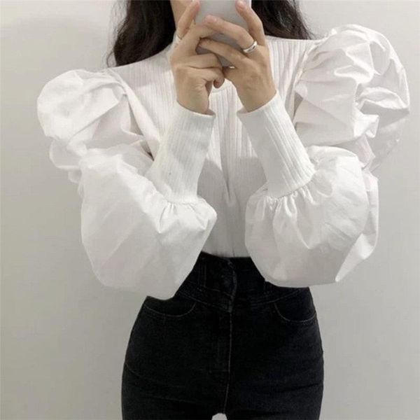 

thread women shirts female all match lantern sleeved solid autumn sweet fashion loose casual spandex basic shirt, White