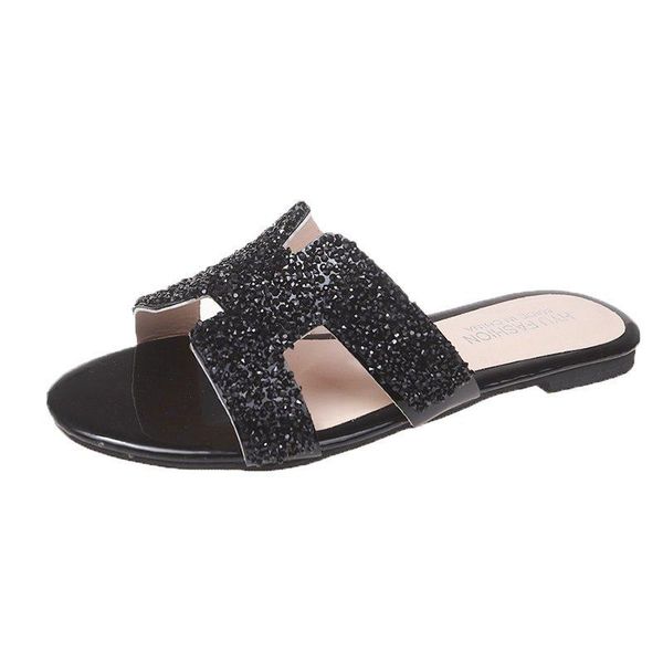 

slippers 2021 fashion simple women's casual all-match open-toed flat bottom trend outdoor elegant, Black