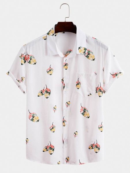

men random leaf print patched pocket shirt i7oy#, White;black