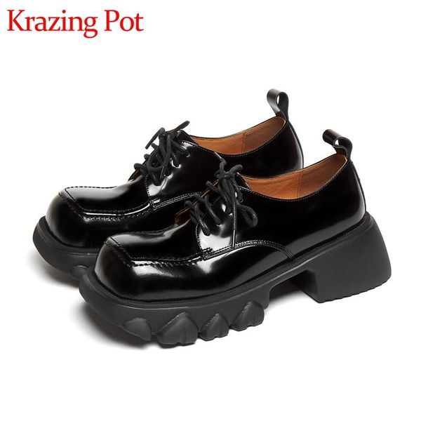 

dress shoes krazing pot 2022 spring cow split leather casual platform round toe med heels lace up british school pumps l91, Black