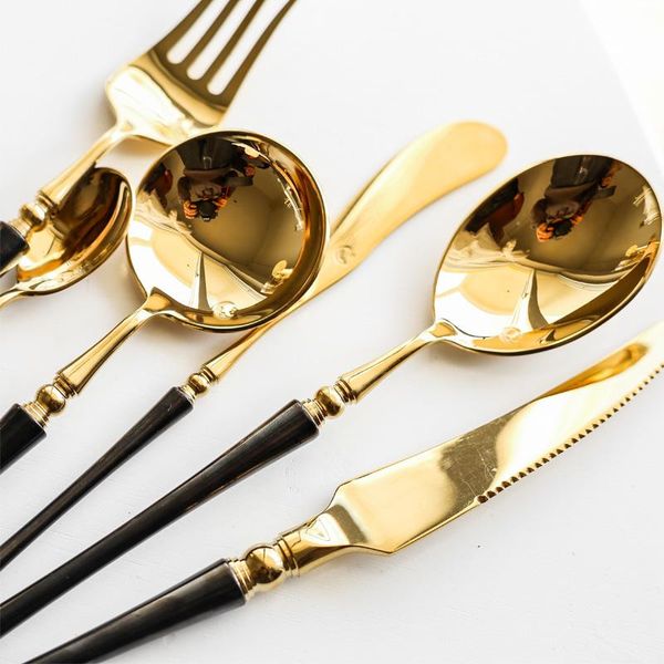 

retro black gold 304 stainless steel tableware knives fork spoon metal flatware soup spoon dinner knife tea restaurant