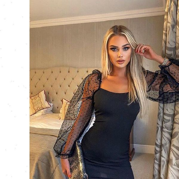 

bandage dress autumn women bodycon dress slim sheath dress mesh sheer long sleeve 2021 spring casual party dresses, Black;gray