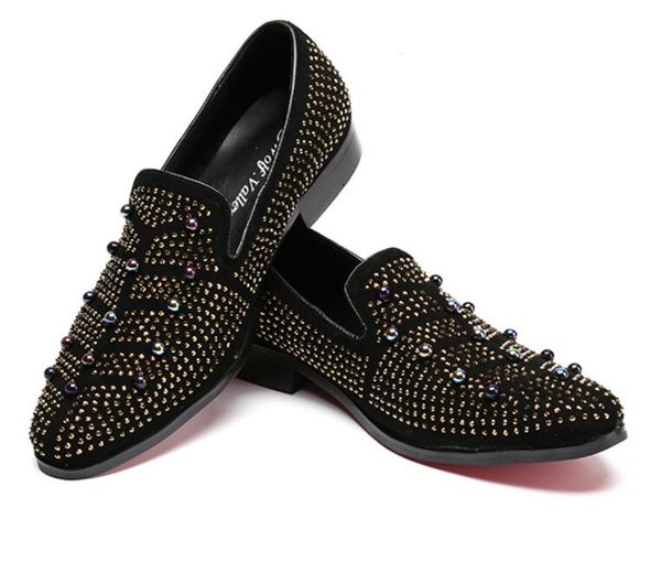 

2019 fashion men dress shoes punk rivet black gold party wedding shoes pointed toe flats driving shoes loafers 38-46