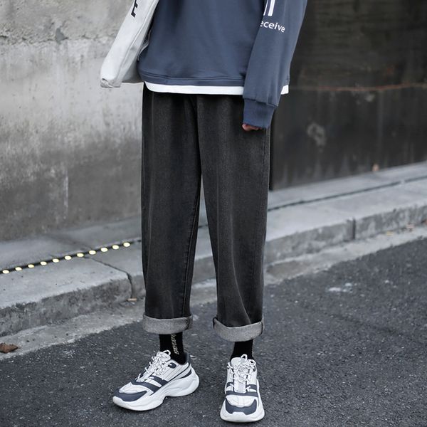 

wide legs retro jeans men's fashion solid color casual straight jean pants men streetwear hip hop denim trousers mens da0w, Blue