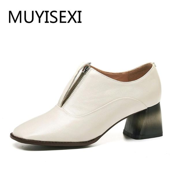 

dress shoes autumn women high heels genuine leather 6cm thick classic square toe zipper pumps plus size sr03 muyisexi, Black