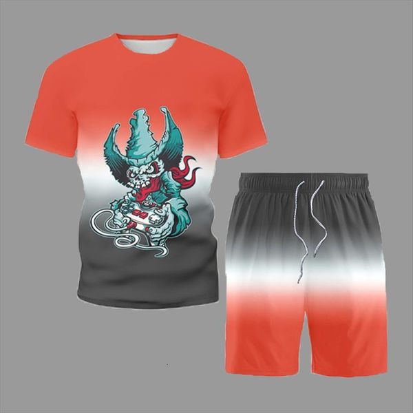 

summer fashion short sleeve sets men tracksuits trendy clown printing t shirt shorts 2 piece set streetwear youth hip hop, Gray