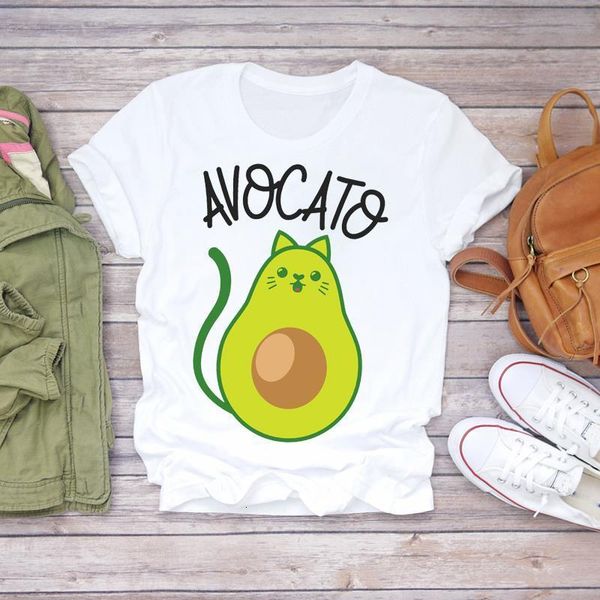 

women 2021 summer avocado cat funny cute cartoon printed lady t-shirts t shirt ladies womens graphic female tee t-shirt, White