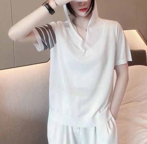 

2021 summer thin ice silk four bar splicing casual pullover sweater women's short sleeve hoodie, White