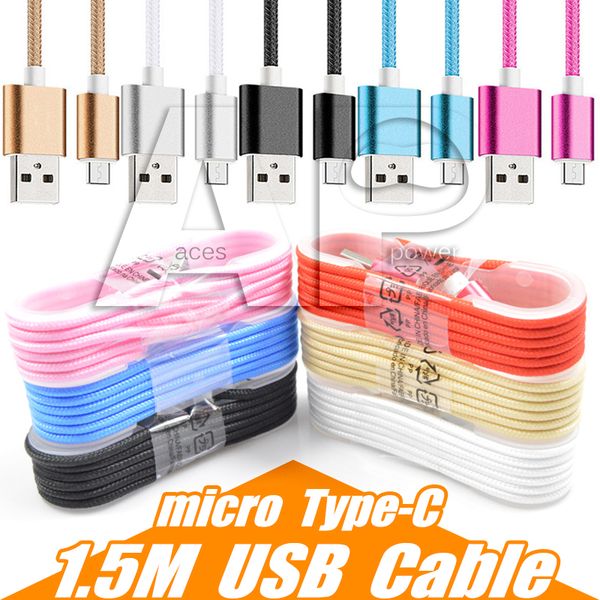 

1.5m type c 3ft braided usb charger cable micro v8 cables data line metal plug charging for samsung note 20 s9 plus