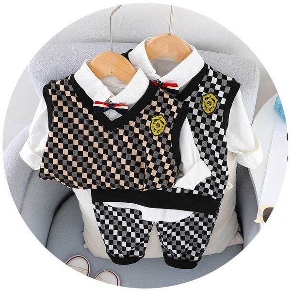 

baby clothing sets boys suits children kids clothes spring autumn cotton sweater vest long sleeve shirts plaid trousers pants casual wear 3p, White