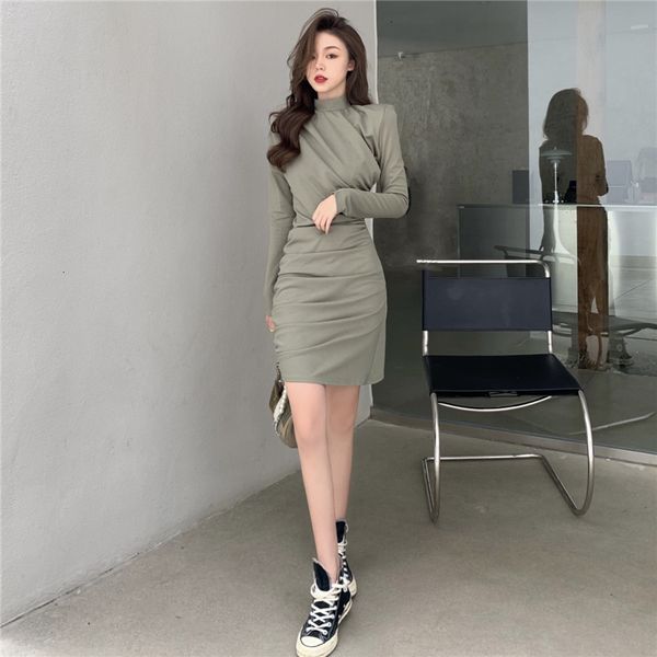 

new 2021 women pleated female long sleeve mini vestidos 8rmj, Black;gray