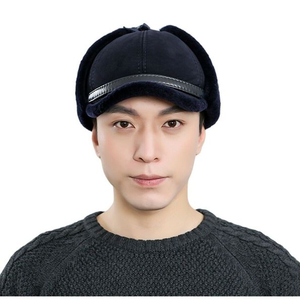 

men's real sheep shearing fur peaked cap winter warm hat earmuffs earflaps black, Blue;gray