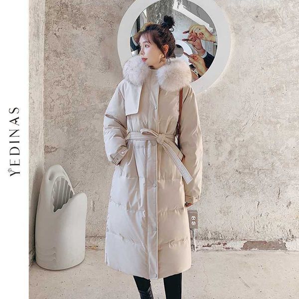 Yedinas inverno casaco longo mulheres com capuz parka senhoras grossas jaqueta quente com cinto elegante gola de pele grande casacos feminino 210527