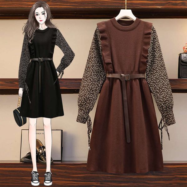 

2021 spring new large women's fat sister shows thin foreign style cover belly french base knitted floral dress, Black;gray