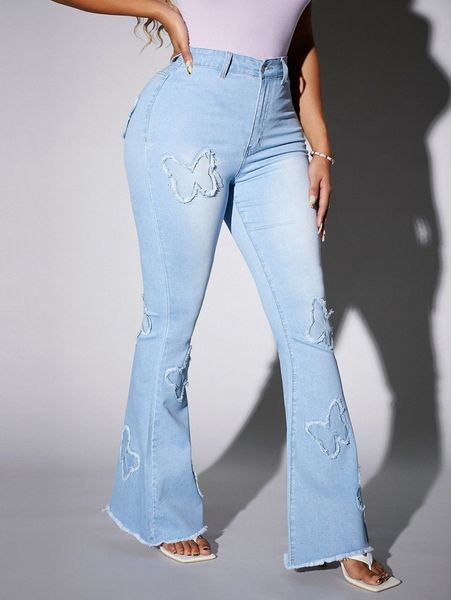 

sxy high neck raw hem flare leg jeans b1mt#, Blue