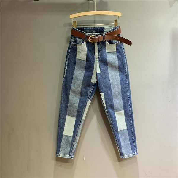 

women's jeans women high waist loose slim harem pants european style spliced panelled pockets casual long denim trousers 2021 fashion, Blue