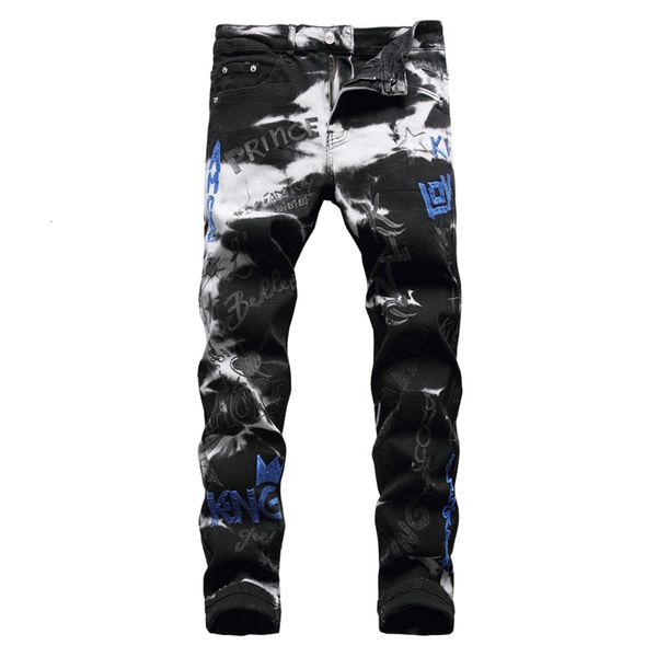 

men's jeans pyjtrl letters embroidered black pencil jeans rs98, Blue