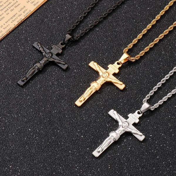 

pendant necklaces religious jesus cross necklace for men gold stainless steel crucifix with chain male jewelry gift, Silver
