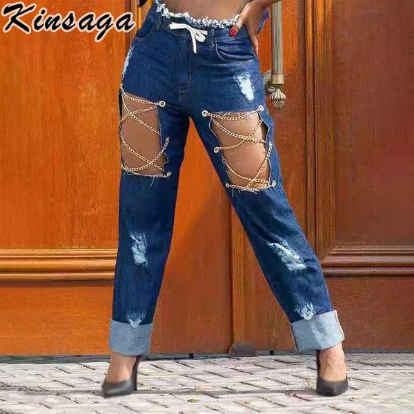

women's jeans hollow out lace up baggy straight mom women punk metal chains streetwear y2k high rise fringe ripped hole denim pants, Blue