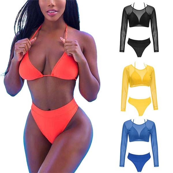 

2021 women 3 pcs bikini set solid color padded wire-straps bra high waist panty long sleeve crop mesh slim cover bikinis, Black