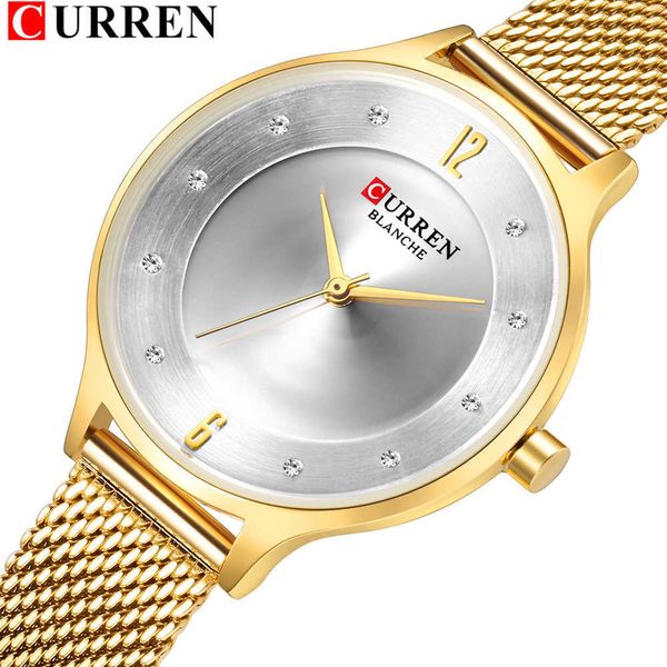 Curren Gold Orologio da donna Orologio da polso sottile con cinturino in maglia di acciaio al quarzo Bellissimo quadrante con strass Orologi da donna con impermeabilità fino a 30 m Q0524